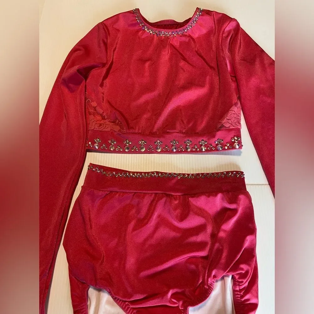 Kelle solo dance custom costume 2 piece hot pink rhinestoned crop top Teen